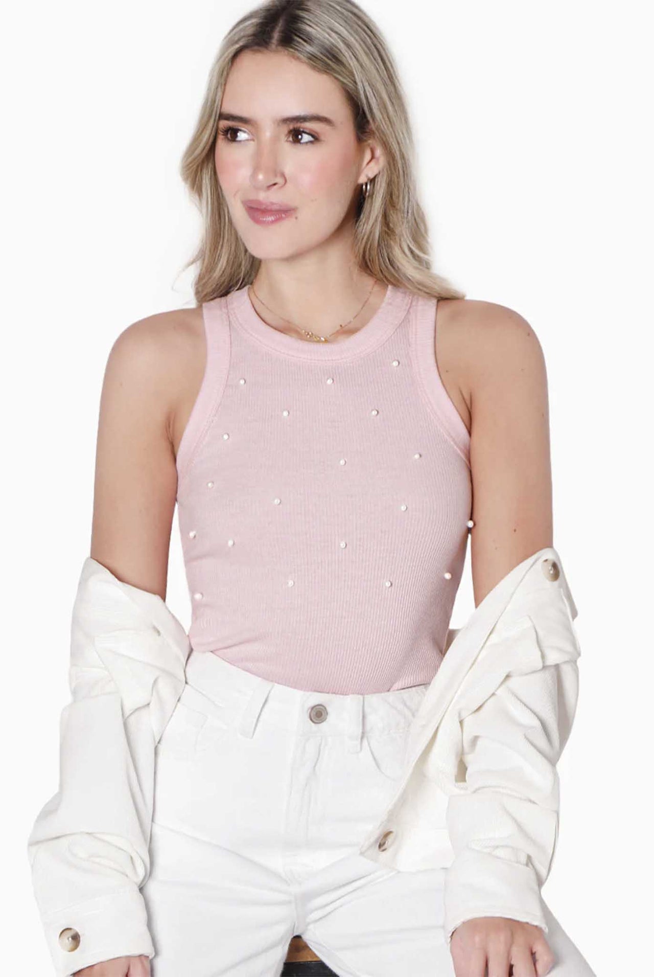 Blusa Flashy Sin Manga Con Cuello Halter Y Perlas Crystal