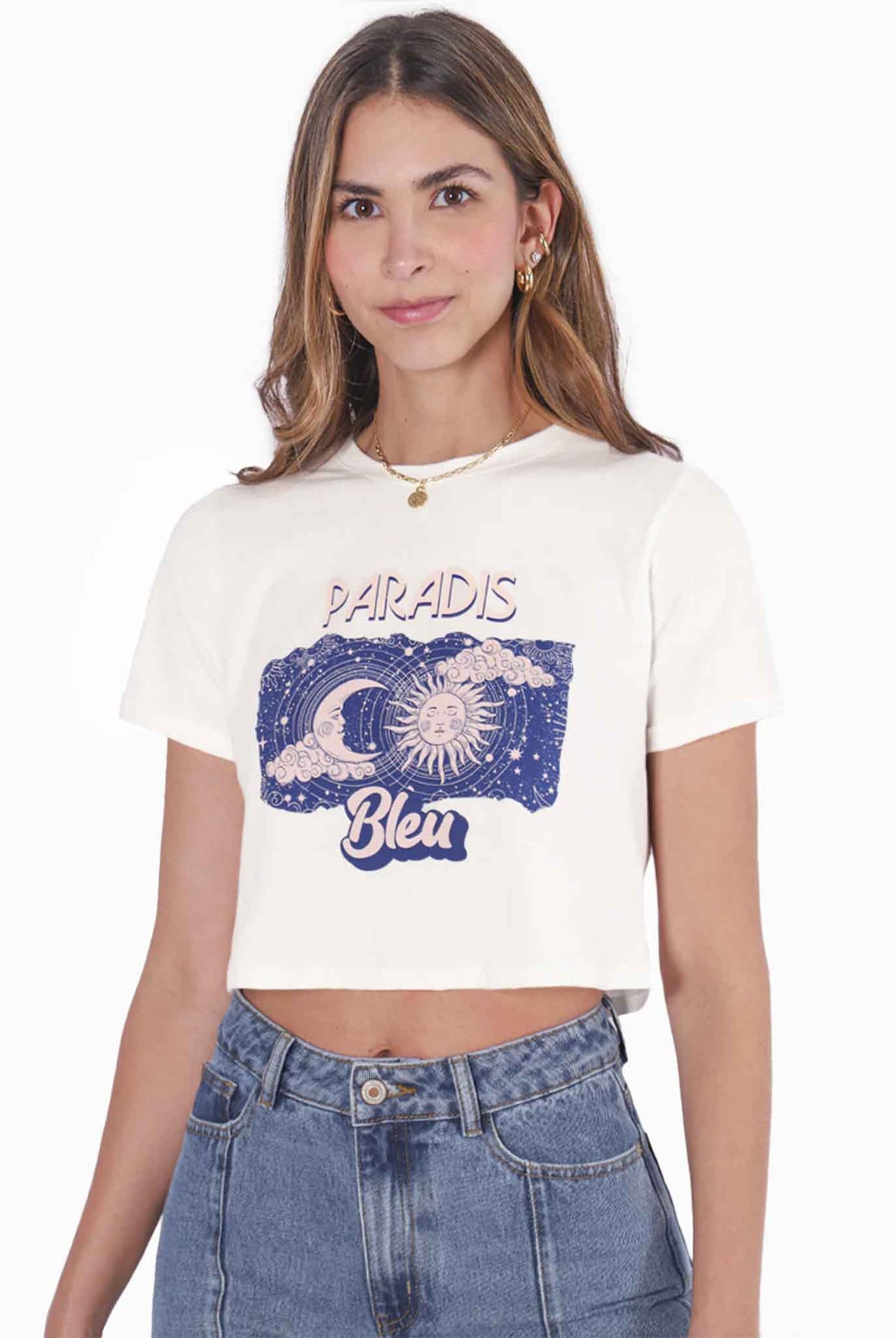 Camiseta Flashy Crop Con Estampado " Paradis Bleu " - Pilarina