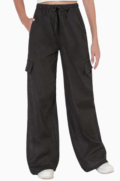 Pantalón Flashy Ancho Tipo Lino Con Bolsillos Cargo, Elástico En cintura y Anudado - Oberta