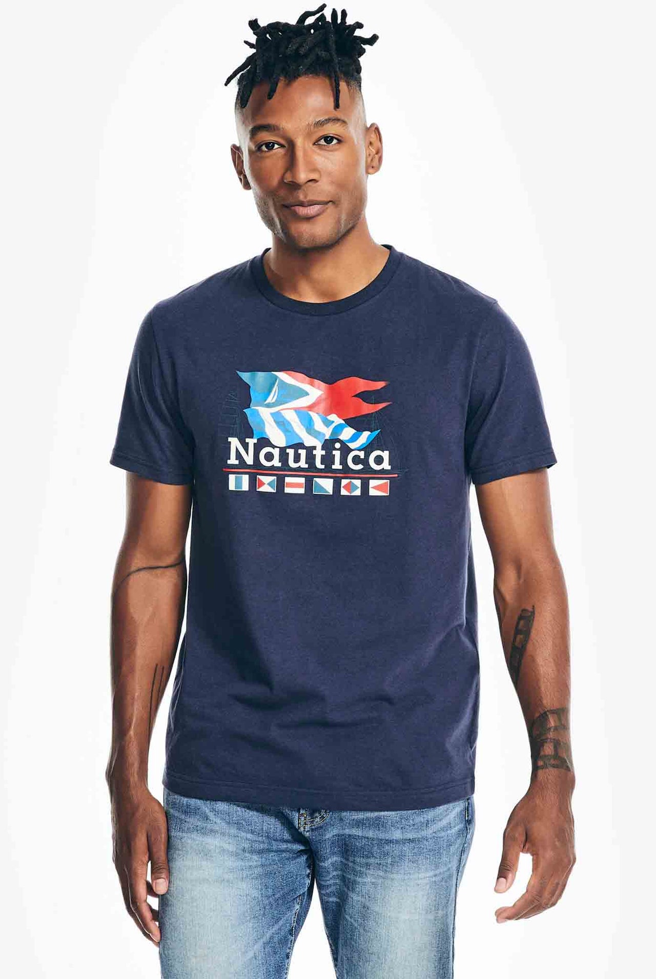 Camiseta Nautica Con Bandera Azul Marino
